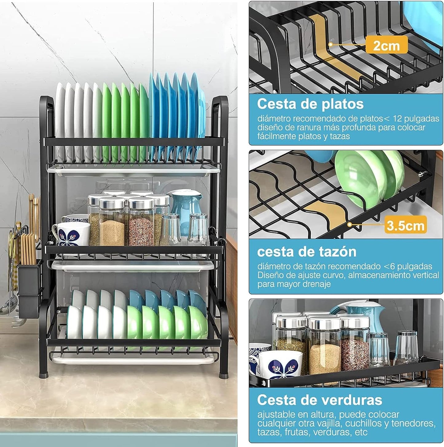 Escurridor de platos 3 niveles l Acero inoxidable l Diseño elegante