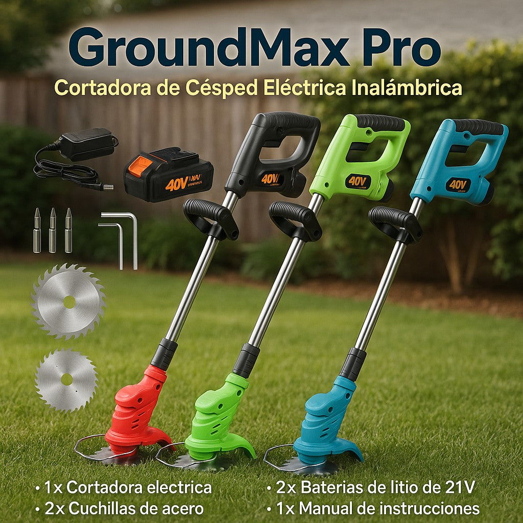 GroundMax Pro™ Cortadora de Césped Eléctrica de Alto Rendimiento 2 baterías de 48 V, 9 mas 2 accesorios