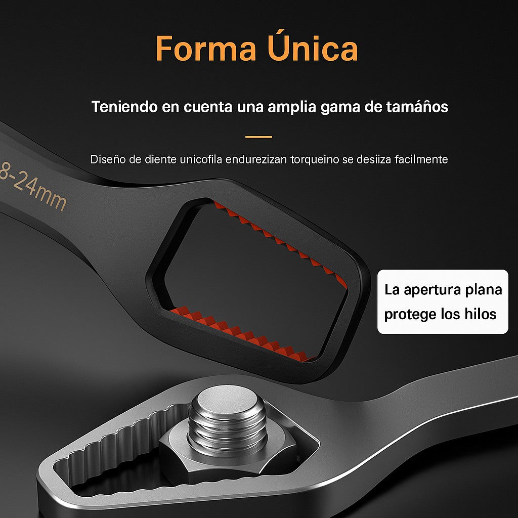 FitPro™ la Herramienta Definitiva: Autoajustable, de Doble Cabeza y Compatible con Tuercas de 8 a 24 mm.
