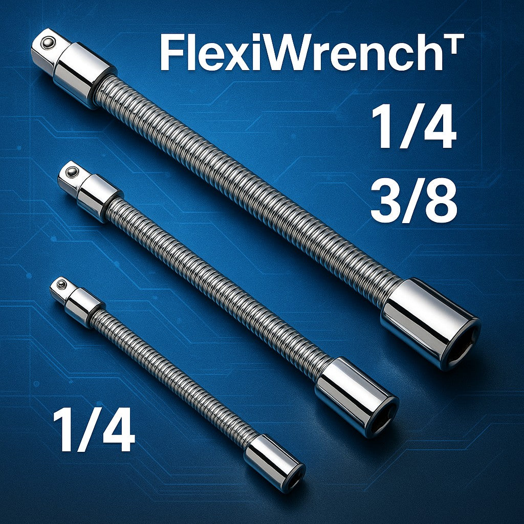 FlexiWrench™ Kit Extensiones Flexibles Para Rachet 1/4 3/8 1/2. Acero CRV Alta resistencia.