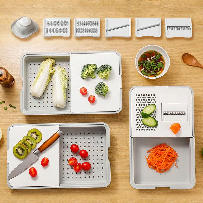 SliceBox™ – Tabla 4 en 1 con Ralladores y Bandeja Recolectora. Corta, Ralla, Almacena y Sirve, sin Cambiar de Utensilio.