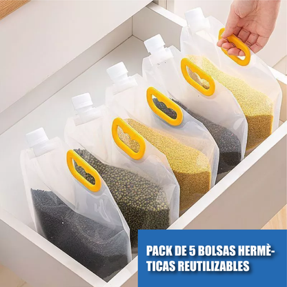 Pack de 5 bolsas herméticas reutilizables l Granos, harinas, cereales, líquidos.