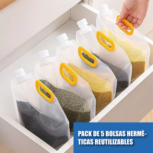 Pack de 5 bolsas herméticas reutilizables l Granos, harinas, cereales, líquidos.