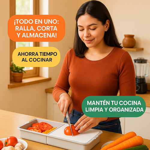 SliceBox™ – Tabla 4 en 1 con Ralladores y Bandeja Recolectora. Corta, Ralla, Almacena y Sirve, sin Cambiar de Utensilio.